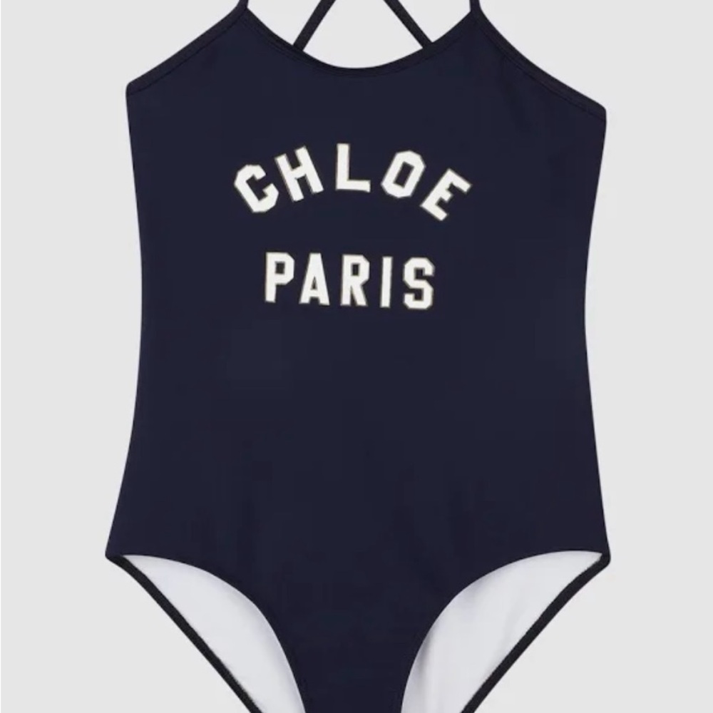 Chloe Girl’s Paris Logo Navy Swimsuit